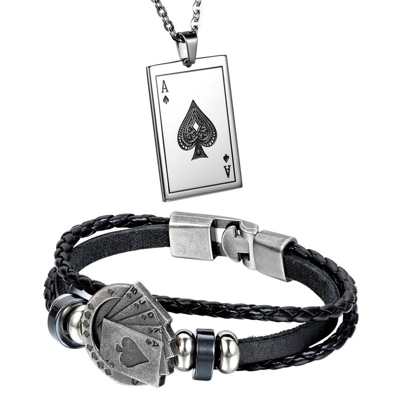 Aroncent 2 Pcs Stainless Steel Ace of Spades Necklace Braided Leather Cool Bracelet Poker Jewerly Set Cool Bracelets Cool Necklace for Men - Image 1